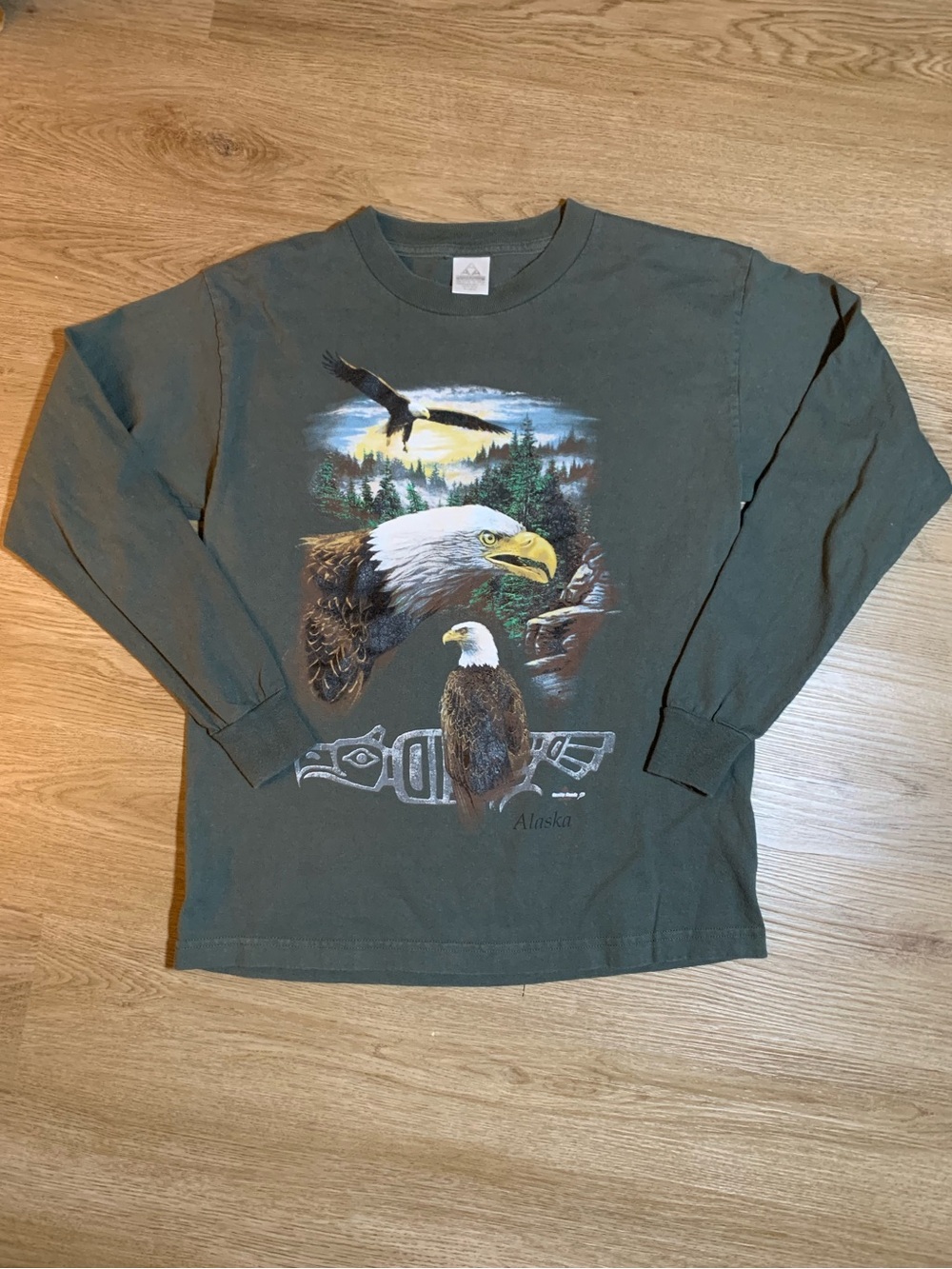 Vintage Green Wildlife Bald Eagle Longsleeve Shirt XS Small Youth XL Alaska